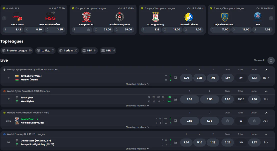 Bitkingz Casino sportsbook met weddenschappen op handbal, voetbal, basketbal, tennis en ijshockey, inclusief livewedstrijden en actuele quoteringen